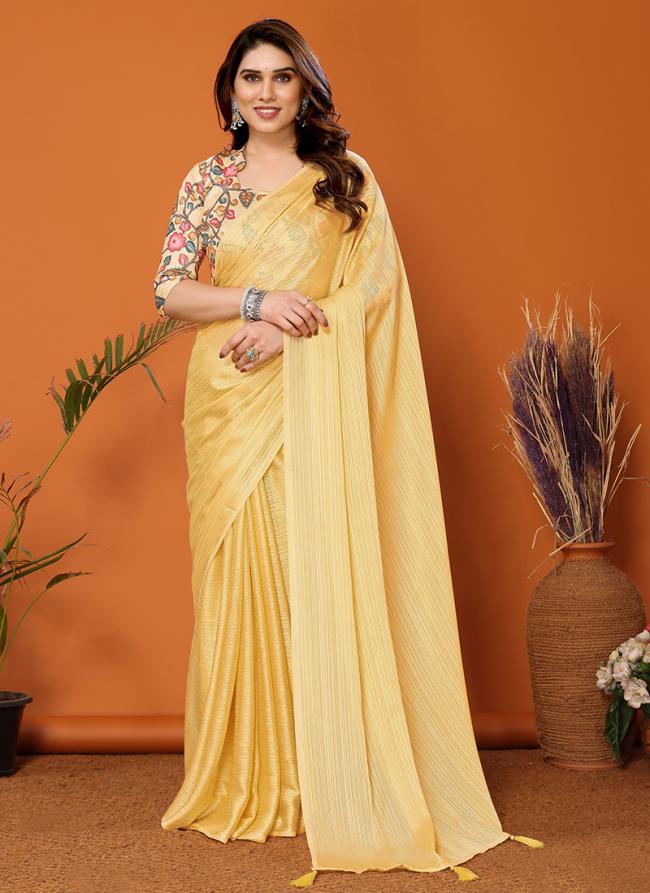 Polyster Yellow Party Wear Printed Saree